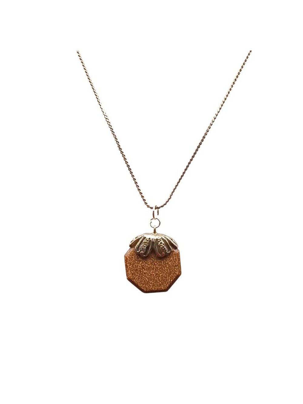 Goldstone Pendant Necklace with Vintage Silver Tone Cap on Dainty Chain
